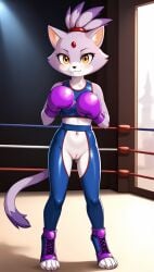 1girls 2025 ai_generated amber_eyes anthro blaze_the_cat blushing boxing boxing_gloves crotchless digitigrade feline female female_only hi_res indoors inner_ear_fluff innie_pussy looking_at_viewer purple_fur pussy sega smile sonic_(series) sonic_the_hedgehog_(series) white_fur