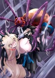 absurdres arms_behind_back black_dress blonde_hair breasts bug cum defeat dress duel_masters female highres interspecies large_breasts long_hair mary_jenny_dragon_queen_doll restrained royo21294110 sex sex_from_behind silk spider_web tears torn_clothes torn_dress zoophilia