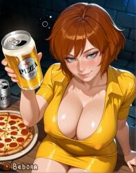 ai ai_generated april_o'neil bebora beer_can blue_eyes cleavage drunk_bubble dungeon freckles freckles_on_face from_above ginger_hair half-closed_eyes horny_female nipples_visible_through_clothing patreon pizza red_hair seductive seductive_body seductive_gaze seductive_look seductive_mouth seductive_smile shiny_skin sitting