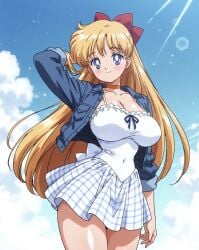 alternate_breast_size big_breasts bishoujo_senshi_sailor_moon blonde_hair blue_jacket bow breasts civilian_clothes clothing denim_jacket large_breasts minako_aino navel_visible_through_clothes one_hand_behind_head paulinebabe red_hair_bow sailor_venus skirt sundress