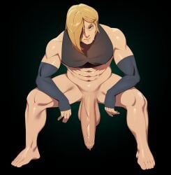 1boy absurd_res armwear bent_over big_balls big_penis black_background blonde_hair bottomless combos-n-doodles hair_over_one_eye large_penis long_hair looking_at_viewer male male_only mostly_nude muscular muscular_male penis sitting smiling smiling_at_viewer solo topwear yellow_eyes