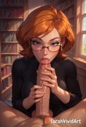 1boy 1girls ai_generated ann_possible blowjob blush bob_cut disney disney_channel fellatio female female female_focus ginger ginger_hair glasses grabbing_penis holding_penis kim_possible kneeling librarian library looking_at_viewer mature_female milf mother older_female oral orange_hair pov red_hair red_hair sarahvividart seductive shiny_skin short_hair stroking_penis sucking_penis sucking_tip