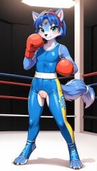 1girls 2025 ai_generated anthro blue_eyes blue_fur blue_hair boxing boxing_gloves crotchless digitigrade female female_only hi_res indoors inner_ear_fluff innie_pussy krystal looking_at_viewer nintendo pussy short_hair smile star_fox white_fur