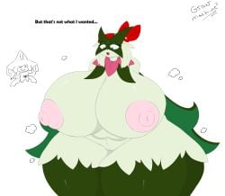 andromorph anthro ass big_breasts big_butt breasts digital_media_(artwork) duo female fur gender_transformation generation_3_pokemon generation_9_pokemon genitals green_body green_fur growmachine hi_res huge_breasts huge_butt human human_on_anthro hyper hyper_breasts hyper_butt intersex interspecies jirachi legendary_pokemon mammal may_(pokemon) meowscarada mtf_transformation nintendo nipples nude open_mouth pokemon pokemon_(species) pussy simple_background standing text thick_thighs transformation wide_hips