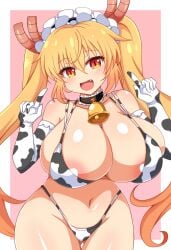 1girls afuro areola_slip bell bikini blonde_hair blush breasts breasts_bigger_than_head cleavage collar cowgirl_position dragon_girl fang female front_view happy horns huge_breasts kobayashi-san_chi_no_maidragon long_hair maid_headdress miss_kobayashi's_dragon_maid open_mouth pointing pointing_at_self skimpy slit_pupils smile solo swimsuit tagme thighs tohru_(dragon_maid) twintails wide_hips