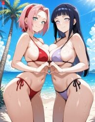 2girls ai_generated bangs bare_shoulders beach bikini blue_hair blush breast_press breasts bush cleavage closed_mouth collarbone day edosynf forehead forehead_protector from_side green_eyes hair_between_eyes heart heart_hands heart_hands_duo highres hyuuga_hinata island large_breasts light_smile long_hair looking_at_viewer medium_breasts midriff multiple_girls naruto naruto_(series) naruto_shippuden naruto_shippuuden navel no_sex non-nude ocean outdoors palm_tree pink_hair purple_bikini red_bikini sakura_haruno sand sea self_upload sfw shade shiny shiny_hair shiny_skin short_hair side-by-side side-tie_bikini_bottom side-tie_swimsuit sideboob sidelocks standing stomach strap sunlight sweat sweatdrop thick_thighs thighs underboob water wet white_eyes yuri