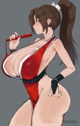 artist_name bare_shoulders blush breasts brown_eyes brown_hair female female_focus folding_fan grey_background hair_ornament hand_fan hand_on_own_hip highres japanese_clothes kataku_musou large_breasts long_hair mai_shiranui ponytail shiny_skin simple_background snk standing the_king_of_fighters thighs