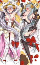 2girls ass bare_shoulders blush braid breasts chunyan dakimakura dakimakura_design earrings elbow_gloves female gloves hair_ornament highres jewelry large_breasts long_hair lying multiple_girls nipples on_back on_side open_mouth pussy puzzle_&_dragons red_eyes silver_hair sketch thighhighs uncensored valkyrie valkyrie_(p&d) very_long_hair wings