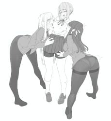 3girls absurdres ass blush breast_sucking breasts breasts_out eiai_nano full_body greyscale hand_on_another's_head hand_on_another's_lap hand_on_another's_thigh highres hornfelstone kakure_meme kimi_no_koto_ga_dai_dai_dai_dai_daisuki_na_100-nin_no_kanojo large_breasts long_hair medium_breasts meme monochrome multiple_girls panties panties_visible_through_clothes pantyhose shorts shorts_under_skirt simple_background skirt spread_legs sutou_iku thick_thighs thighhighs thighs underwear white_background yuri