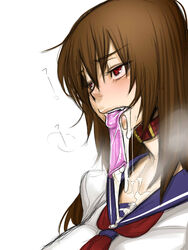 blush breasts brown_hair collar condom condom_in_mouth cum cum_on_clothes cumdrip dazed female half-closed_eyes heavy_breathing highres large_breasts long_hair mouth_hold original red_eyes school_uniform sengoku_kyouhime serafuku shindou_l solo used_condom