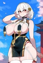 ai_generated azur_lane big_breasts breasts curvy dark-skinned_male female female huge_breasts juuicyai large_breasts light-skinned_female light_skin male massive_breasts narrow_waist nude outdoors red_eyes sirius_(azur_lane) sirius_(azure_horizons)_(azur_lane) solo thick_thighs white_hair wide_hips