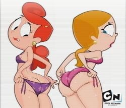 2girls adjusting_swimsuit ass ass_focus back back_view big_ass big_butt bikini blonde_hair blush cartoon_network claire_(billy_and_mandy) earrings gladys_(billy_and_mandy) gosgoz lipstick looking_back milf ponytail red_hair sideboob skimpy swimsuit the_grim_adventures_of_billy_and_mandy wet wide_hips