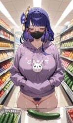 after_masturbation after_orgasm ai_generated blush bottomless cucumber earphones exhausted exhibitionism geek genshin_impact grocery_store hoodie large_breasts mask no_panties nude otaku pubic_hair public public_exposure public_indecency public_nudity purple_hair pussy pussy_juice raiden_shogun shop shopping stable_diffusion