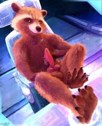 5_toes animal_genitalia animal_penis anthro balls bedroom_eyes brown_body brown_fur canine_genitalia canine_penis chair digital_media_(artwork) erection feet fingers foot_on_table fur furniture genitals guardians_of_the_galaxy half-closed_eyes hand_on_penis knot looking_at_viewer male mammal marvel narrowed_eyes nude penis plantigrade procyonid raccoon rocket_raccoon seducing_viewer seductive sidekick sitting smile soles solo table toes