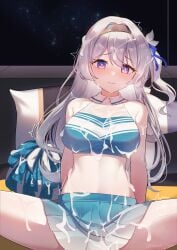 absurdres alternate_costume bare_shoulders black_hairband blue_bow blue_skirt blush bow breasts bukkake cheerleader closed_mouth commentary_request couch cum cum_on_body cum_on_breasts cum_on_clothes cum_on_hair cum_on_skirt elanore embarrassed female firefly_(honkai:_star_rail) grey_hair hair_between_eyes hairband hairbow highres honkai:_star_rail honkai_(series) indoors large_breasts large_variant_set long_hair looking_at_viewer on_couch one_side_up pillow pink_eyes purple_eyes side_ponytail sitting skirt solo spread_legs stomach sweat two-tone_eyes variant_set very_long_hair wide_spread_legs