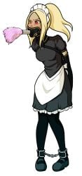 ankle_cuffs armbinder arms_behind_back blonde_female blonde_hair bondage bound chains collar cuffed_ankles cuffs dark-skinned_female dildo_gag duster duster_gag female female_only femsub fully_clothed gagged gravity_rush kat_(gravity_rush) maid maid_apron maid_headdress maid_uniform muzzle_gag muzzled ponytail posture_collar red_eyes wossarem