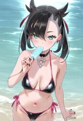 1girls ai_generated beach bikini black_bikini botchi996 choker female female female_only game_freak marnie_(pokemon) nintendo ocean pokemon popsicle sand water