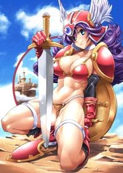 bikini_armor cleavage clothing dragon_quest dragon_quest_iii large_breasts purple_hair pussy rakko_(r2) soldier_(dq3) sword tagme torn_clothes weapon