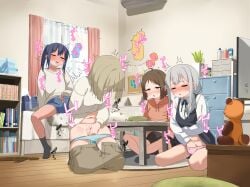 4girls blue_panties blush breasts brown_hair closed_eyes commentary_request fingering hand_in_panties highres indoors large_variant_set lemontyoisy_r18 masturbation multiple_girls original paid_reward_available panties shorts small_breasts socks speech_bubble stuffed_animal stuffed_toy teddy_bear translation_request twintails underwear variant_set