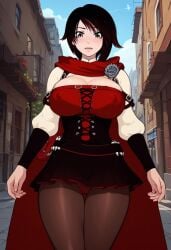 ai_generated cleavage erect_nipples female huge_breasts milf milfification paladinheart ruby_rose rwby short_hair silver_eyes thick_thighs