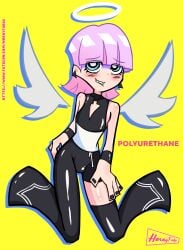 angel angel_wings blue_eyes bulge bulge_through_clothing femboy hornyfudge male_only panty_&_stocking_with_garterbelt pink_hair polyurethane_(panty_&_stocking_with_garterbelt) self_upload shiny_skin solo_femboy