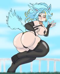 belts big_ass big_breasts blush breasts collar doubleweiss female horse_girl indie_virtual_youtuber light_blue_hair luminus_red muscular muscular_female nipple_covers partially_clothed red_eyes running virtual_youtuber winking_at_viewer yellow_highlights