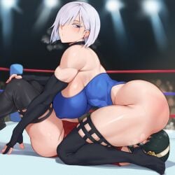 2girls 69 ai_generated ass bare_shoulders black_hair black_legwear blush boxing_ring breasts catfight earrings elbow_gloves fingerless_gloves fiona_frost fourina gloves hair_over_one_eye huge_ass huge_breasts jewelry large_breasts leotard muscular_female short_hair sitting_on_face sitting_on_person smoke spy_x_family steam thigh_boots thighhighs thighs yor_briar yor_forger yuri