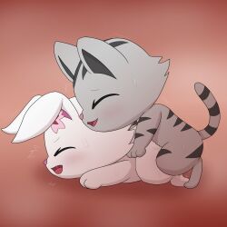 1:1 accessory american_shorthair anthro blush closed_eyes domestic_cat duo felid feline felis female female_anthro flower flower_in_hair from_behind_position fur grey_body grey_fur hair hair_accessory hare hi_res improbable_(artist) japanese_hare jewelpet lagomorph leporid male male_anthro mammal plant ruby_(jewelpet) sanrio sega_fave semi-anthro sex striped_body striped_fur stripes tour_(jewelpet) white_body white_fur