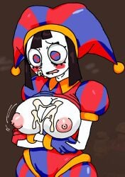 2d 2d_(artwork) 2d_artwork art7r breasts breasts_out cum cum_on_body cum_on_breasts cum_on_face female female_only huge_breasts jester jester_girl large_breasts nervous pomni pomni_(tadc) pomni_(the_amazing_digital_circus) shaking small_waist steam tadc the_amazing_digital_circus voluptuous voluptuous_female wide_hips