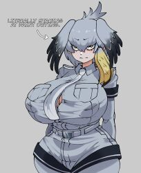 blank_expression breasts female grey_hair grey_uniform hair_between_eyes inusenchou kemono_friends kemonomimi large_breasts necktie nipple_bulge shoebill_(kemono_friends) shorts text wings_on_head