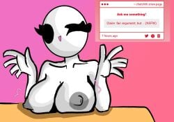 bald bald_female black_eyes breast_drop breasts breasts_out bust busty chetoh claire_(chetoh) egg fair_argument_but fair_argument_but… female grey_nipples hands_open naked naked_female nipples oc original original_character smiling strawpage_request table white_body