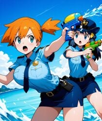 2girls ai_generated aioddity blue_eyes blue_hair breasts dawn_(pokemon) female female_only holding_water_gun huge_breasts kasumi_(pokemon) long_hair looking_at_another ocean open_mouth orange_hair outdoors pencil_skirt pokemon pokemon_(anime) police police_hat police_uniform policewoman short_hair short_sleeves side_ponytail small_breasts water water_gun