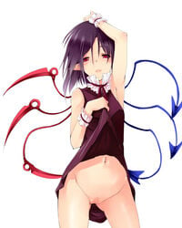 asymmetrical_wings black_hair censored dress dress_lift female highres kurokuro nue_houjuu open_mouth pussy red_eyes short_hair solo sushi touhou wings