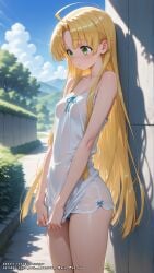 ai_generated asia_argento blonde_hair blushing color colored embarrassed female green_eyes hell-pantsu high_school_dxd negligee nightgown see-through see-through_clothing shy small_breasts uncensored