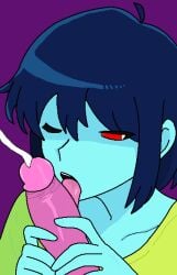 1boy after_fellatio after_sex black_hair blue_body blue_hair blue_skin cum dark_hair deltarune femboy femboyingcat kris_(deltarune) licking_penis oral penis purple_penis purple_skin red_eyes short_hair susie_(deltarune) toby_fox twink