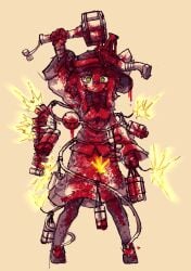 arm_up blood blood_in_hair blood_on_body blood_on_clothes blood_on_face blood_on_weapon circular_saw dynamite explosive full_body green_eyes grenade hair_between_eyes hat highres holding holding_dynamite holding_grenade komeiji_koishi long_sidelocks long_sleeves looking_at_viewer open_mouth rampa93 saw sidelocks simple_background skirt sparks stick_grenade touhou weapon