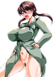 blush bottomless breasts brown_eyes brown_hair censored clothing female gertrud_barkhorn huge_breasts kanten large_breasts long_hair navel no_panties open_mouth pubic_hair pussy pussy_juice simple_background solo standing strike_witches tied_hair tongue twintails white_background wink