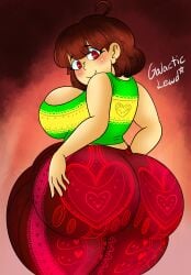 back_view big_ass big_breasts bubble_ass bubble_butt chara chara_(undertale) curvy flare_pants forbidden_pants galacticlewd huge_ass huge_breasts juicy_butt leggings red_eyes red_pants thick_ass thick_hips thick_thighs trend undertale