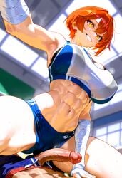 abs ai_generated bandages clothing dominant_female highres imminent_penetration imminent_sex large_ass large_breasts muscular on_top original shorts sports_bra sportswear straddling thick_thighs