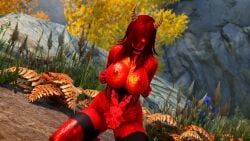 akilandi big_breasts glowing_eyes holding_breast original_character red_hair red_skin succubus succubus_horns the_elder_scrolls_v:_skyrim