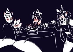 alphys anthro asriel_dreemurr ass big_butt birthday birthday_cake blush boss_monster_(undertale) breasts burgerpants cake candle catty_(undertale) cleavage clothed clothing deer deltarune dess_holiday dessert dracozhilla embarrassed felid female femboy food group hat headgear headwear hi_res lizard male male/female mammal monochrome offscreen_character party party_hat pouting punch reptile scalie twerking undertale undertale_(series)