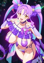 1girls aged_up big_breasts cure_kyunkyun female heart heart_bra joy_ride jpeg kimi_to_idol_precure pointing_at_self precure pretty_cure purple_hair shigure_kokoro solo