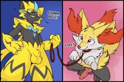 absurd_res animal_genitalia animal_penis anthro balls blue_eyes blush braixen canid canine canine_genitalia canine_penis clothing digital_media_(artwork) down_boy_(meme) duo english_text felid fully_sheathed fur generation_6_pokemon generation_7_pokemon genitals hair hi_res inner_ear_fluff knot legendary_pokemon low-angle_view male mammal nintendo nude penis pokemon pokemon_(species) sheath simple_background tail text tuft whyvern yellow_body yellow_fur zeraora