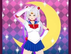 3d choker circlet earrings elf frieren frieren_beyond_journey's_end gloves green_eyes hair_ornament koikatsu long_ears mike_oxlong ribbon sailor_moon_(cosplay) sailor_uniform silver_hair smile sousou_no_frieren twintails