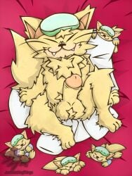 anthro bed chest_fur erection eyewear fangs felid feline fluffy full-length_portrait fur furniture goggles hi_res justwatchingthings looking_at_viewer lying lying_on_bed male mammal nintendo on_bed pillow plushie portrait short_stack solo spitz_(warioware) teeth warioware whiskers yellow_body yellow_fur