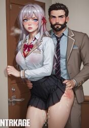 1boy 1girls after_sex ahoge ai_generated alisa_mikhailovna_kujou beard blue_eyes blush brown_skin brown_skinned_male cheating collared_shirt crotchless cuckold cum cum_on_thighs cumdrip grey_hair hair_ribbon hi_res highres hips_grab hires long_hair looking_at_viewer medium_breasts messy_hair motion_lines netorare ntr ntrkage office older_male pleated_skirt red_bra red_panties school school_uniform schoolgirl see-through skirt_lift slap_mark slim slim_waist smile teenager tokidoki_bosotto_russian_de_dereru_tonari_no_alya-san waist_grab younger_female