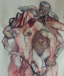 amputee big_penis breasts elden_ring female fromsoftware godrick_the_grafted jygglewag_(artist) male male/female malenia_blade_of_miquella multi_arm multi_limb multiple_penises older_male penis penis_in_pussy playing_with_breasts pussy red_hair scarlet_rot unusual_anatomy watercolor_(artwork) white_hair