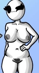 bald bald_female belly belly_button black_eyes black_pubic_hair blue_background breasts chetoh claire_(chetoh) egg female female_focus female_only grey_nipples naked naked_female nipples oc original original_character pubes pubic_hair pussy smile smiling white_body wink