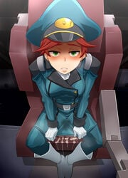 belt boots cum cum_in_pussy cum_pool female from_above green_eyes gundam gundam_age hat looking_up military military_uniform natora_einus parted_lips red_hair shindou_l short_hair sitting uniform