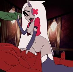 1boy1girl 1girls 2boys animated handjob handjob_while_penetrated hazbin_hotel multiple_boys partial_male vaggie_(hazbin_hotel) vaginal_penetration yourpapa666